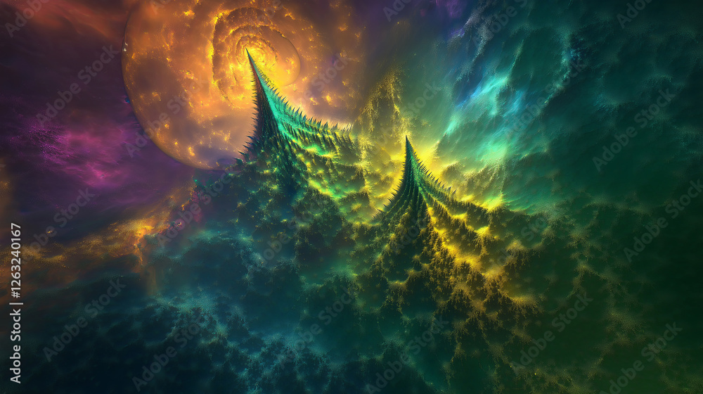 Poster A cosmic fractal city with hovering structures extending infinitely