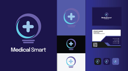 design logos include business cards, a logo with a combination of a bulb and a medical cross, suitable for health companies, clinics and the like