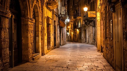 Fototapeta premium Narrow cobblestone alleyway at night, with warm golden light from street lamps illuminating historic stone buildings.