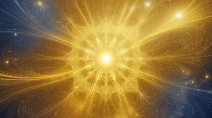 A celestial fractal mandala radiating divine energy in gold and sapphire blue.