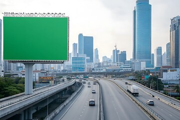 Naklejka premium Empty Green Screen Billboard on Highway Overpass in Cityscape