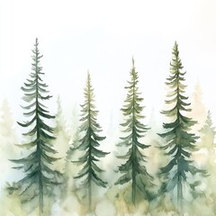 Obraz premium Watercolor Painting of Tall Evergreen Trees in a Forest