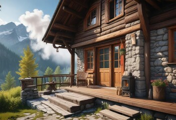 Obraz premium Traditional Austrian mountain cabin with a wooden porch and smoke rising from the chimney, mountain cabin, rustic
