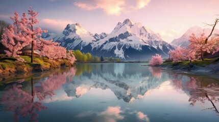 Obraz premium Breathtaking Spring Mountain Landscape with Snow-Capped Peaks and Clear Lake