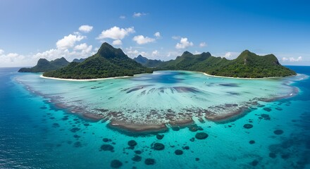 Aerial View of Tropical Island with Turquoise Water and Lush Mountains