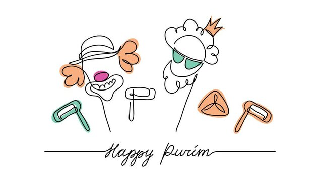 Happy Purim single line animated illustration. One continuous self drawing line animation, footage for Happy Purim celebration