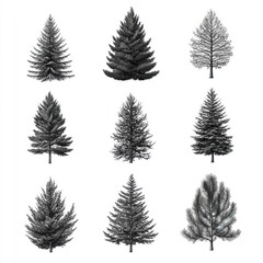 Obraz premium Nine Detailed Drawings of Various Evergreen Trees