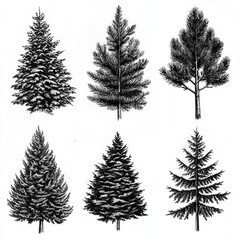 Fototapeta premium Six Ink Drawings of Evergreen Trees Isolated on White