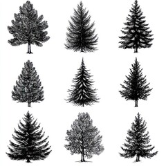 Fototapeta premium Nine Ink Drawings of Coniferous Trees Isolated on White