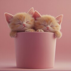 Two adorable orange kittens nestled together sleeping peacefully inside a pink cup against a pink background.