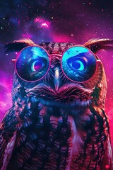 Cute neon owl in sunglasses on a bright space background filled with stars. Neon fur and a whimsical atmosphere, fun and magic for animal lovers and art lovers.