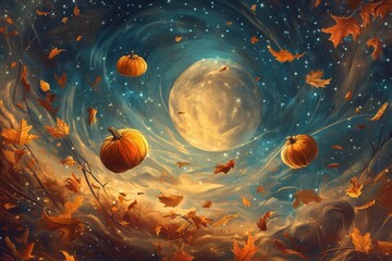 Pumpkins and autumn leaves float beneath a full moon night