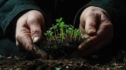 Hands Holding Fresh Green Seedlings in Rich Dark Soil