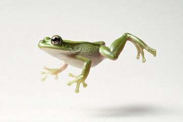 Fototapeta premium A vibrant green tree frog in mid-leap against a clean white background.