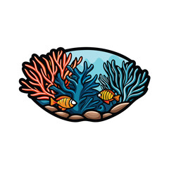 Create a vibrant, editable stroke vector illustration of a thriving coral reef teeming with diverse tropical fish and coral formations.  High detail is crucial.