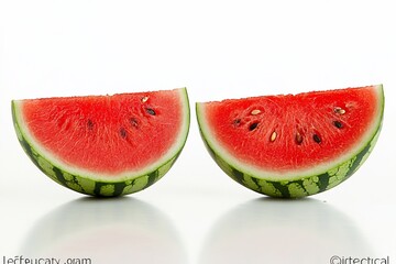 Two juicy watermelon slices on white background.