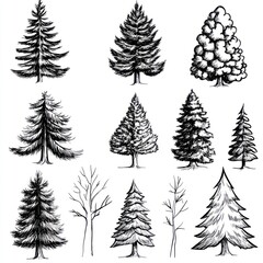 Obraz premium Twelve Ink Drawings of Various Trees and Conifers