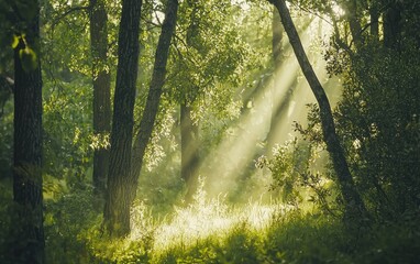 Fototapeta premium Lush green forest with sunlight filtering through tall trees peaceful nature scene