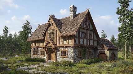 Fototapeta premium Fairytale Cottage in the Woods Medieval Style Stone House Architectural Render.