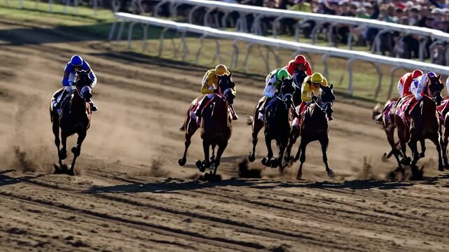 Dynamic video capturing a low-angle view of a thrilling horse race, highlighting speed and competition on a dirt track with vibrant jockey colors.