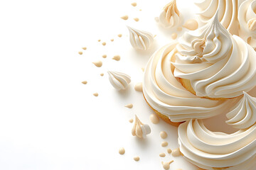 Top view white whipped meringue splash, isolated on white background