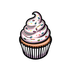 Create a meticulously detailed vector illustration of a cupcake with swirled frosting, ready for editing.  Include editable strokes for easy customization.