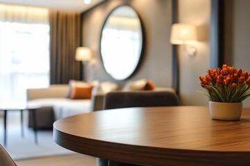 Modern living room interior with wooden table, flowers, and blurred background.