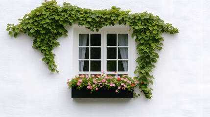 Window adorned with green foliage and a flower box overflowing with pink blossoms creates a serene and inviting fa&ccedil;ade. Nature enhances architectural beauty.