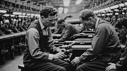 Black and white video still of factory workers assembling machinery. Low-angle shot captures the industrial, vintage atmosphere.