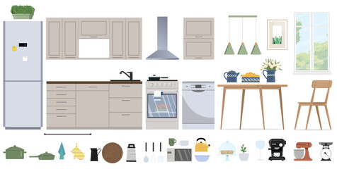 Set of vector interior elements. Cozy kitchen interior with furniture. Decor for the kitchen. Kitchen tools. Kitchen furniture. Refrigerator and oven, microwave, shelves for dishes, table. Vector.