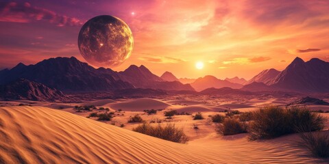 Alien Desert Sunset: A breathtaking panorama of an otherworldly desert landscape at sunset, dominated by towering mountains, vibrant skies, and a colossal celestial body.