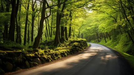 Obraz premium Cinematic View of a Winding Country Road in Spring Forest with Gentle Sunlight
