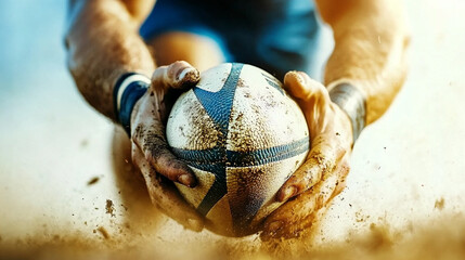 Detailed Macro Shot of a Rugby Player Preparing to Pass the Ball in a Dusty Field During a Late Afternoon Practice Session