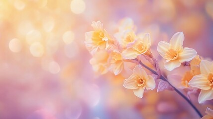 Fototapeta premium Soft focus image of pale yellow daffodils in a spring garden, bokeh background.
