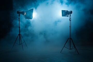 Two studio lights with softboxes on tripods illuminate a smoky dark blue background.