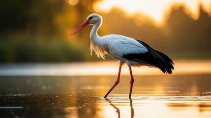 Naklejka premium White stork wading in golden sunset water.