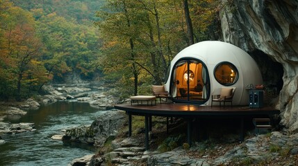 Luxury Geodesic Dome Cabin nestled in Autumnal Forest by a River