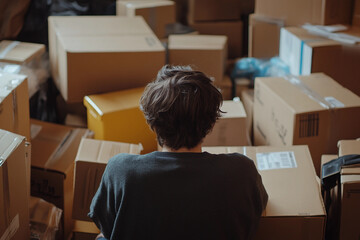 Family Relocation with Cardboard Boxes and Belongings in New Apartment Interior, Generative AI photo art