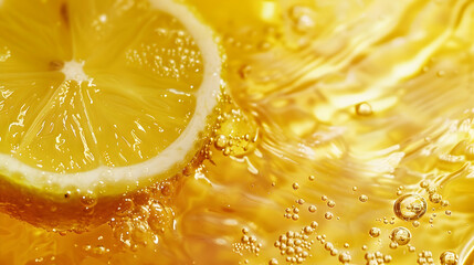 Fresh lemon slice floating in sparkling yellow liquid with bubbles, creating a refreshing drink scene