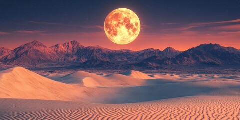 Desert Sunset with Gigantic Moon and Mountain Range