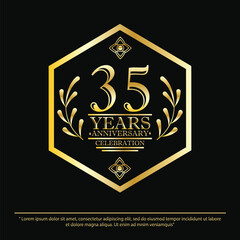 35th years anniversary celebration emblem. black anniversary logo isolated with hexagon geometric badge frame and laurel wreath. vector illustration