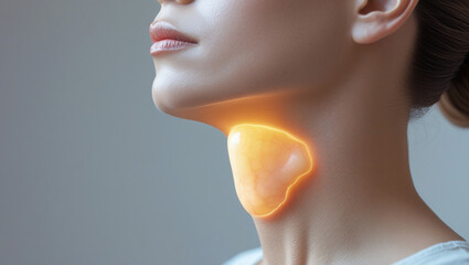 A detailed shot of the neck showing a visible bulge or swelling where the thyroid is located – Generative AI