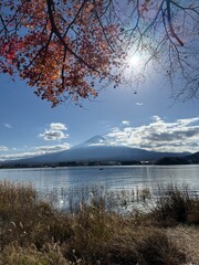 Mount Fuji framed by autumn leaves, overlooking a serene lake under a bright sky.