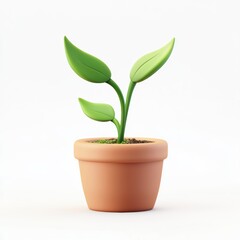 Fresh green sprout emerging from a small clay pot on a white background