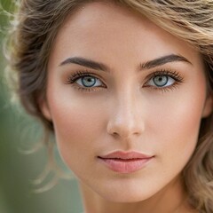 Fototapeta premium Close-up photo of a beautiful young woman with grey eyes, a light smile, looking straight into the camera.