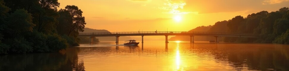 Obraz premium Boat sails across peaceful lake with warm sunlit atmosphere, sunbridge, warm, evening