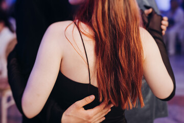 High school graduates dancing on prom, waltz and classical ball slow dance in dresses and suits on school graduation party, boys and girls ballroom dancers, couples dance quadrille and polonaise © tsuguliev