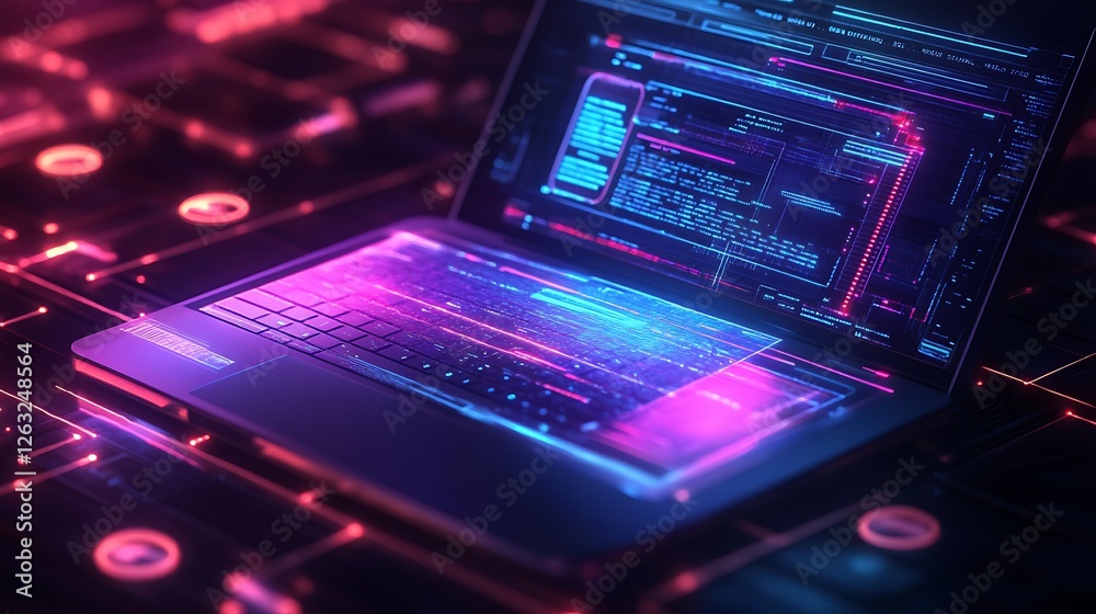 Aufkleber futuristic laptop with vibrant neon glow displaying data streams and code on its screen and keyboard