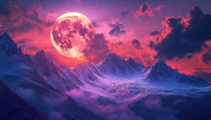 Pink Moon over Snowy Mountains: A Serene Nightscape