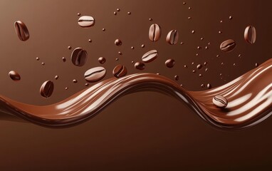 Bold espresso chocolate wave mid-air with coffee beans suspended, pastel brown background